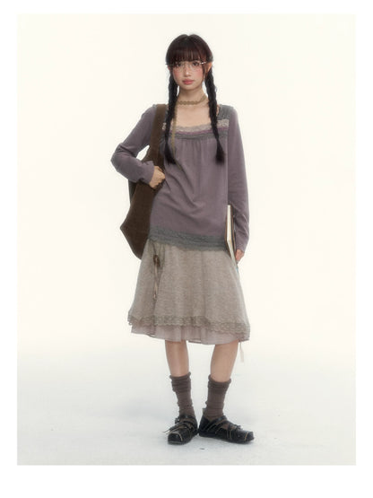 Gray Purple Lace-Trimmed Square-Neck Long-Sleeve T-Shirt