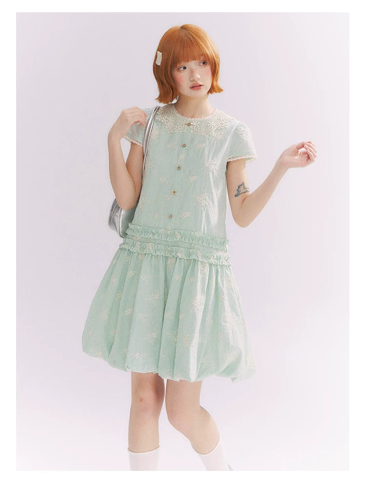 “Mint Lime” Green Stripe Lace Babydoll Dress