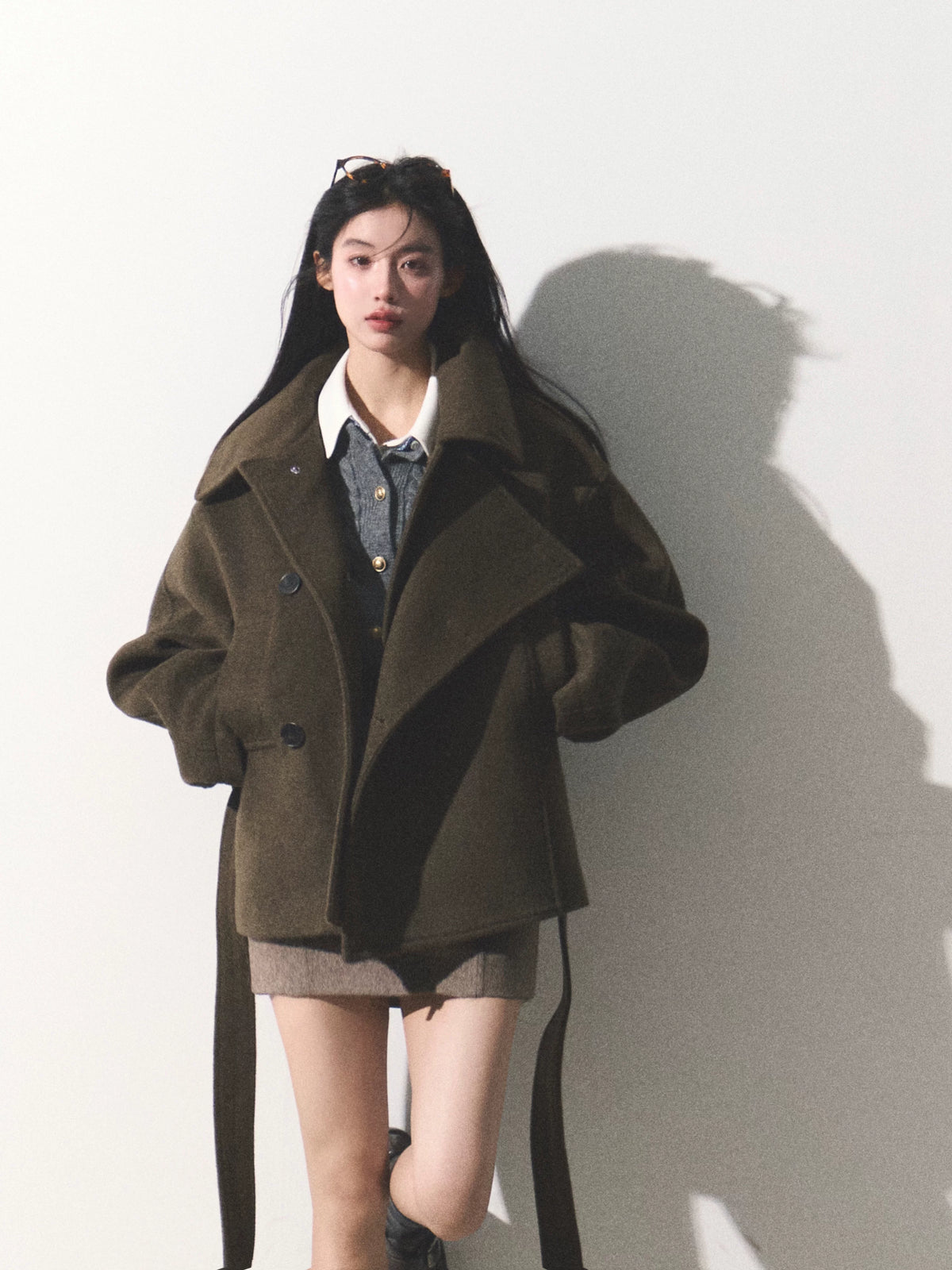OAKMOO/ "The Flowers Are in Full Bloom" Jade Green Wool-Blend Short Belted Coat