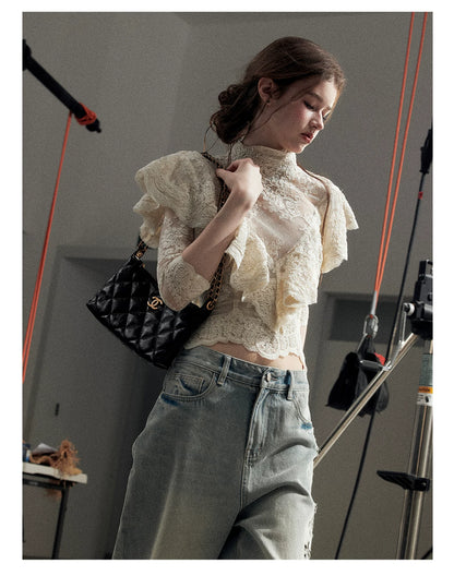 "Translucent Bloom" Dutch Cheese Lace Cropped Top