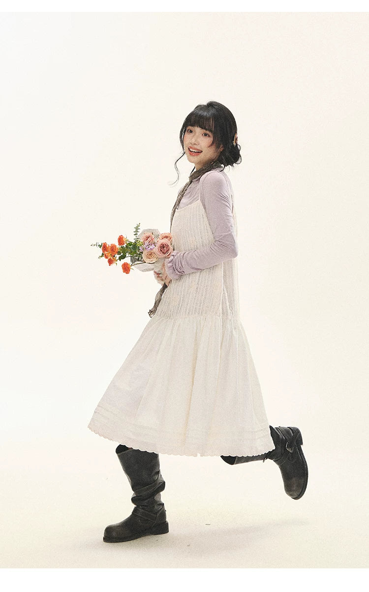 "Ivory Blossoms" Apricot Mist Beige Floral Pinafore Midi Dress