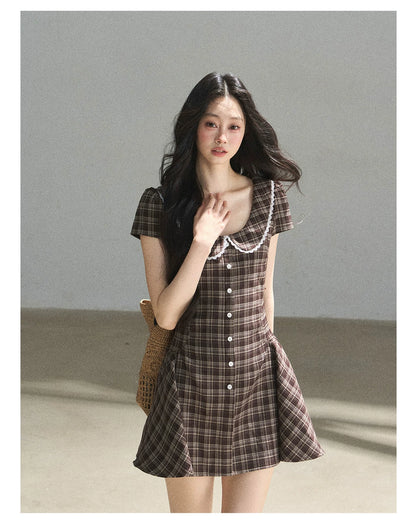 "The Camphor Tree in Late May" Chestnut Brown Plaid Peter Pan Collar Babydoll Mini Dress