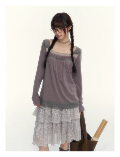 Gray Purple Lace-Trimmed Square-Neck Long-Sleeve T-Shirt
