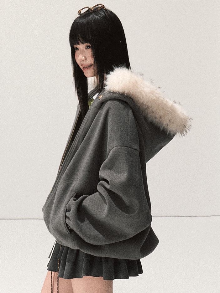 OAKMOO/ Swiss Gray Hooded Zip-Up Jacket with Detachable Faux Fur Collar