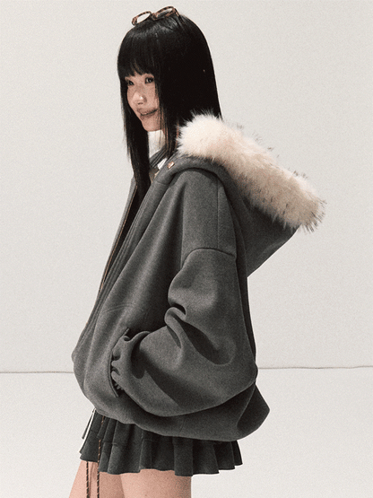 OAKMOO/ Swiss Gray Hooded Zip-Up Jacket with Detachable Faux Fur Collar