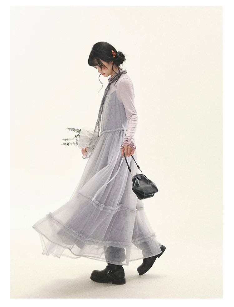 "Morning Veil" Morning Mist Purple Tiered Mesh Slip Midi Dress