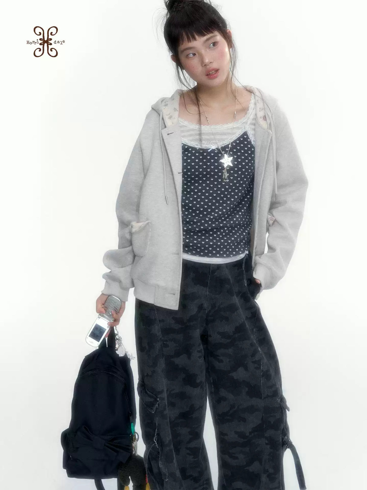 “Blooming Reverie” Light Heather Gray Floral Hooded Cardigan Sweatshirt