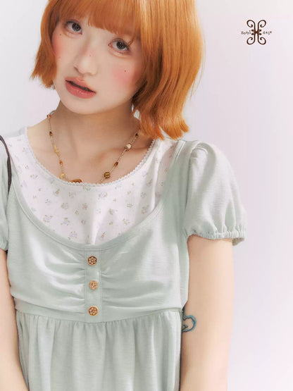 “Vintage Layered Charm” Mint Green Floral Layered Puff Sleeve T-Shirt
