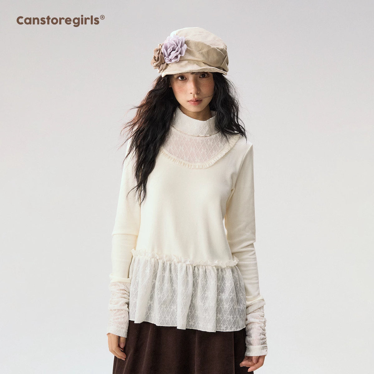 [CAN] “Cream Cloud” Ivory Lace Ruffle High-Neck Top