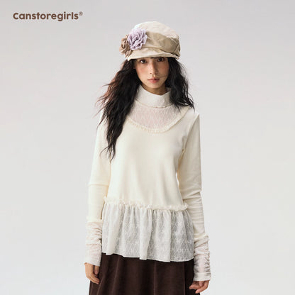 [CAN] “Cream Cloud” Ivory Lace Ruffle High-Neck Top