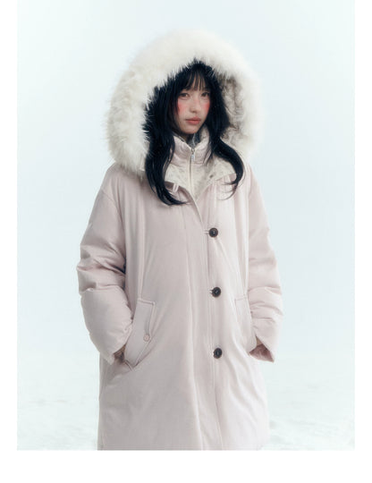 Horridale - Snow-Dusted Floral 90% White Duck Down Puffer Jacket (Light Peach Pink / Silver Gray)
