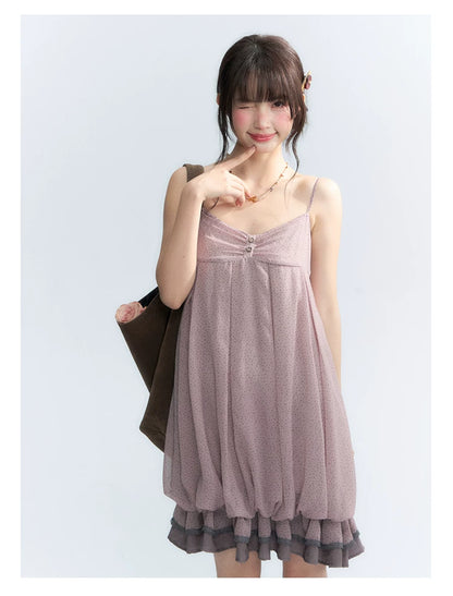 "Misty Lavender Reverie" Vintage Floral Lace Trim Midi Slip Dress