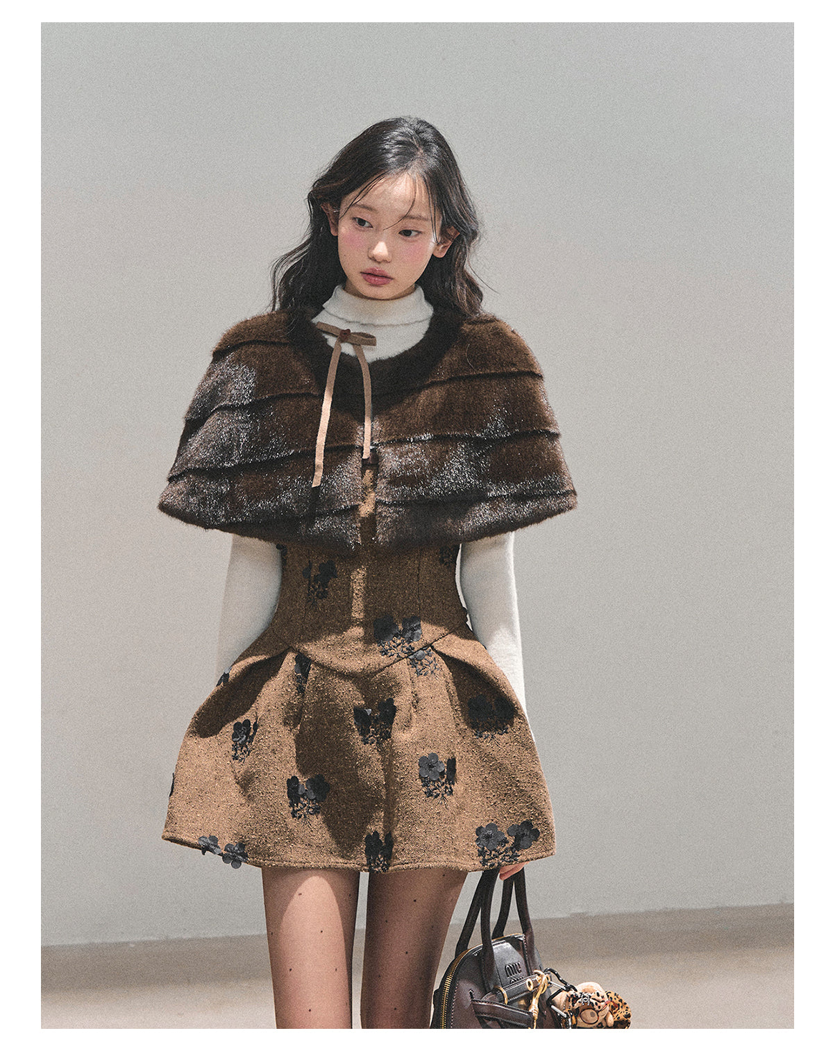少也眼 “Whispers of Moss” Sparkle-Lined Gown with Faux-Fur Cape - Coffee/Deep Cocoa 6412124145