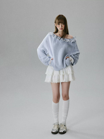 LOST FOREST - Heather Gray One-Shoulder Eyelash Lace Cotton Sweatshirt