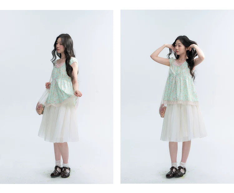 "Mint Blossom" Mint Green Floral Layered Floral Babydoll Top