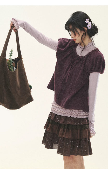 "Violet Journal" Grape Purple Bow Lace Short Sleeve Knit Top