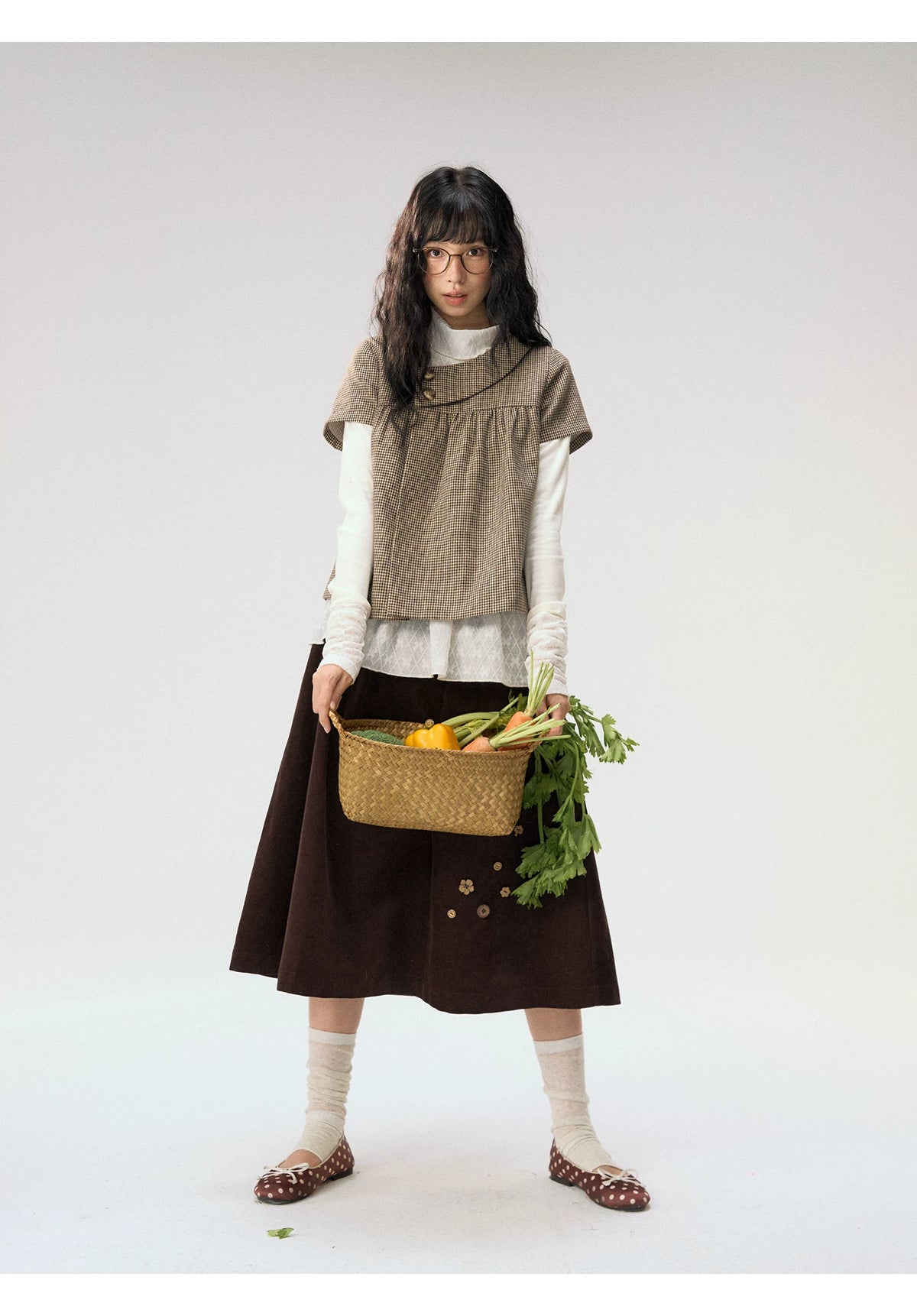 [CAN] “Autumn Plaid Letter” Brown Houndstooth Asymmetric Collar Top