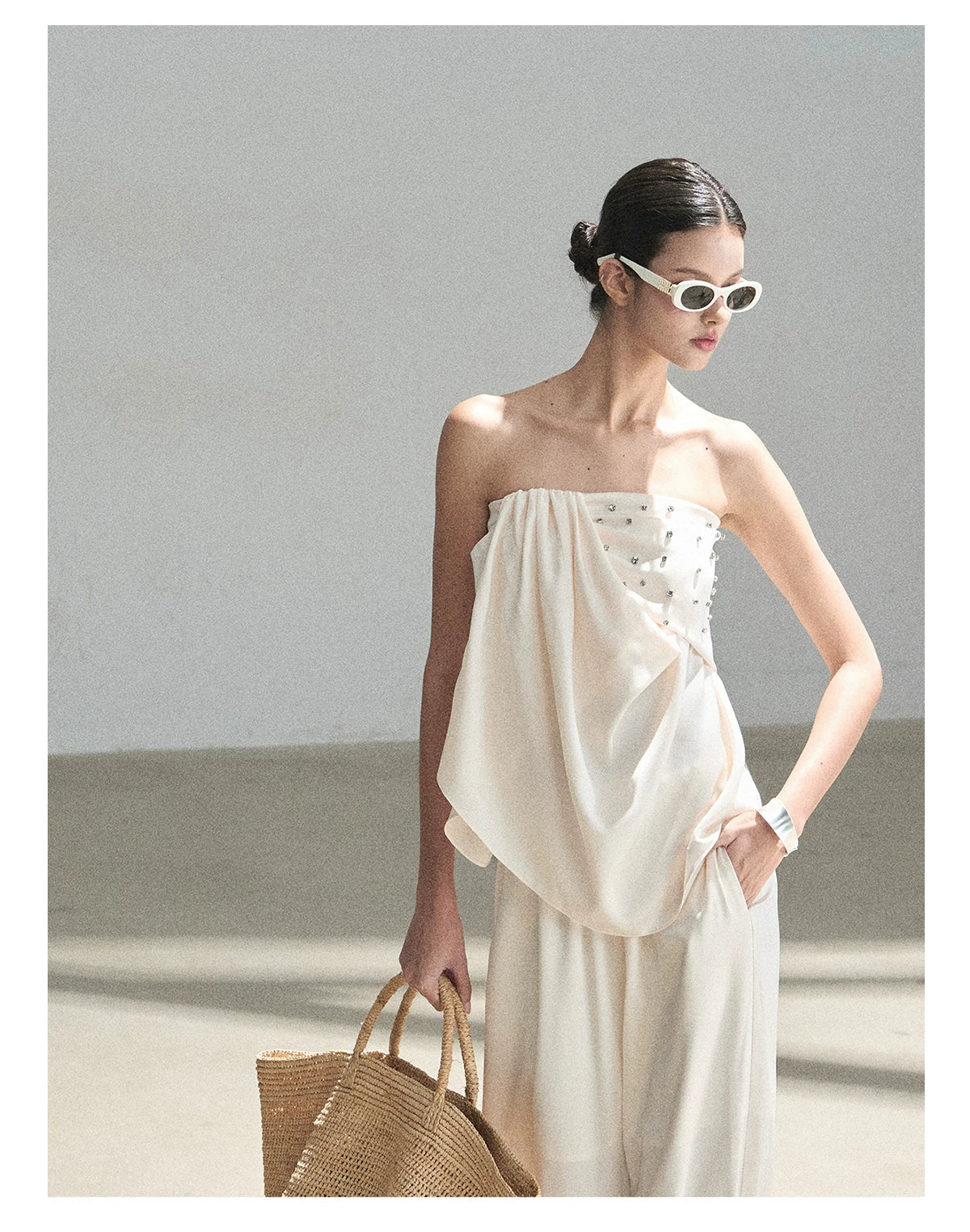 "Summer Rain at Dusk" Cream Beige Satin Two-Piece Set
