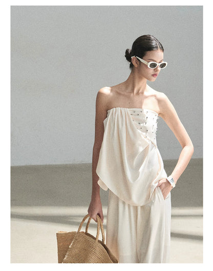 "Summer Rain at Dusk" Cream Beige Satin Two-Piece Set