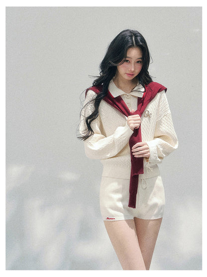 少也眼 “Campus Muse” Apricot Preppy Three-Piece Knit Set 6785654