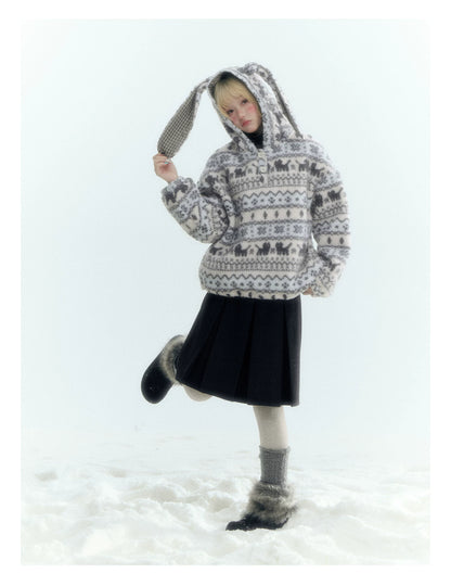 Horridale - Pink Fair Isle Cat Sherpa Fleece Hoodie with Bunny Ears