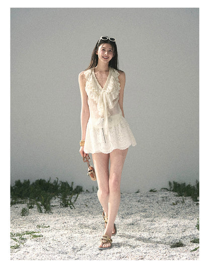 “Moonlight Through Sheer Veils” Ivory Ruffle Chiffon Blouse