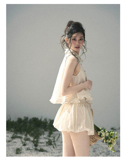 "Soft Cloud Reverie" Dutch Cream Lace Top & Bubble Skirt & Wide-Leg Pants Set 5468465