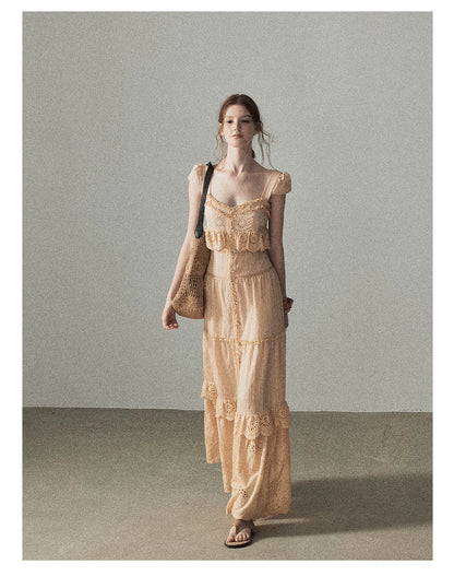 "Where May Meets the Sea" Cinnamon Pink Ruffle Tiered Maxi Dress
