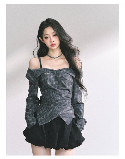 少也眼 "London Reveries" Off-Shoulder Plaid Sun-Proof Shirt - Charcoal Black