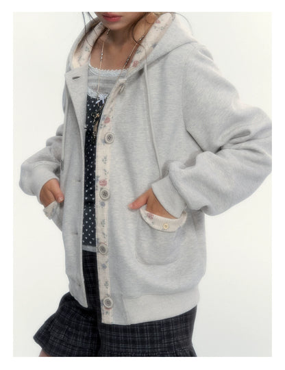 “Blooming Reverie” Light Heather Gray Floral Hooded Cardigan Sweatshirt