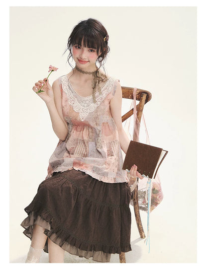 "Fragments of Time" Pink Brown Patchwork Lace Ruffle Trim Sleeveless Top