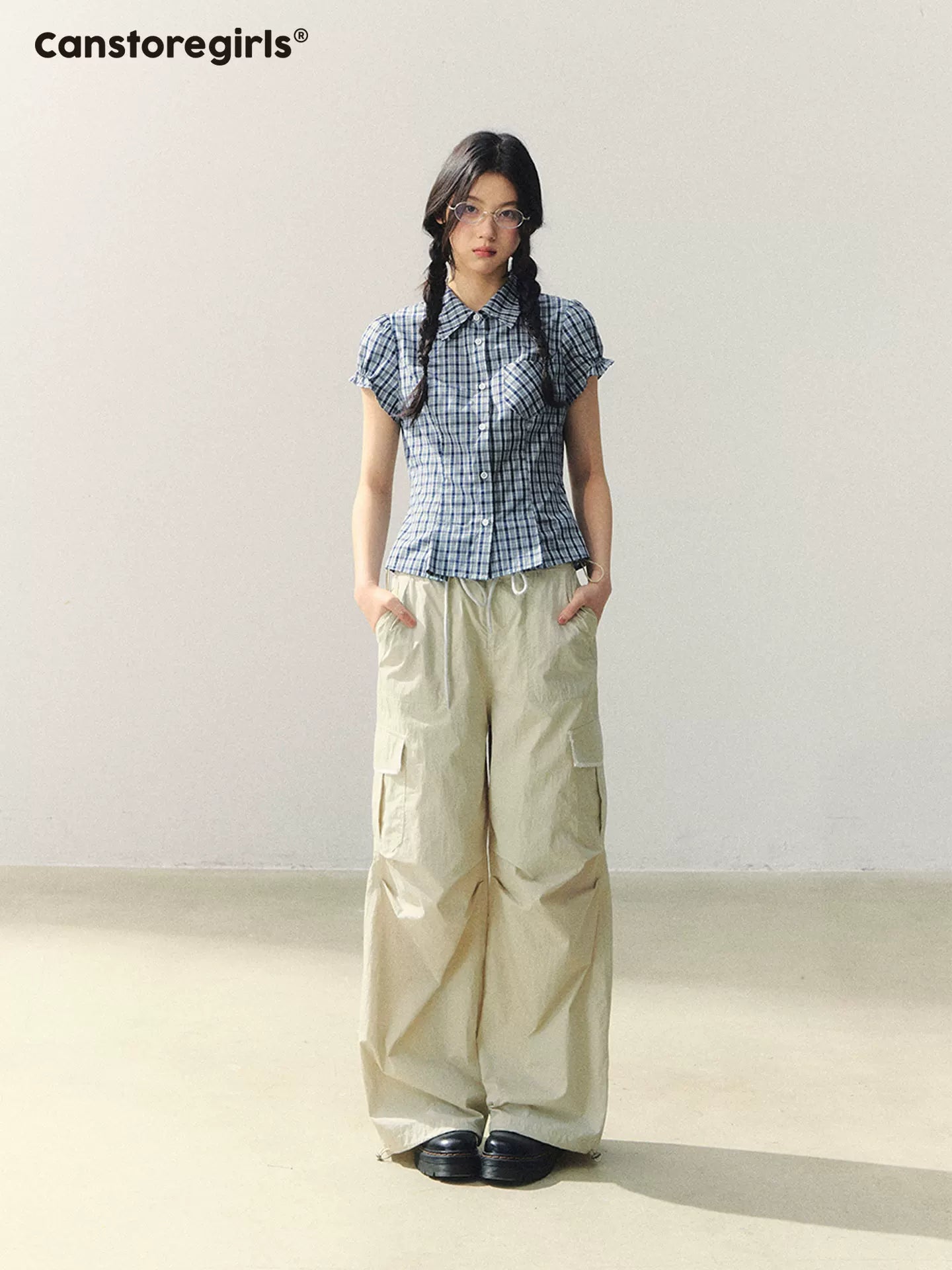 "Cheongdam Girl Mood" Fitted Plaid Puff Sleeve Blouse LL2026049