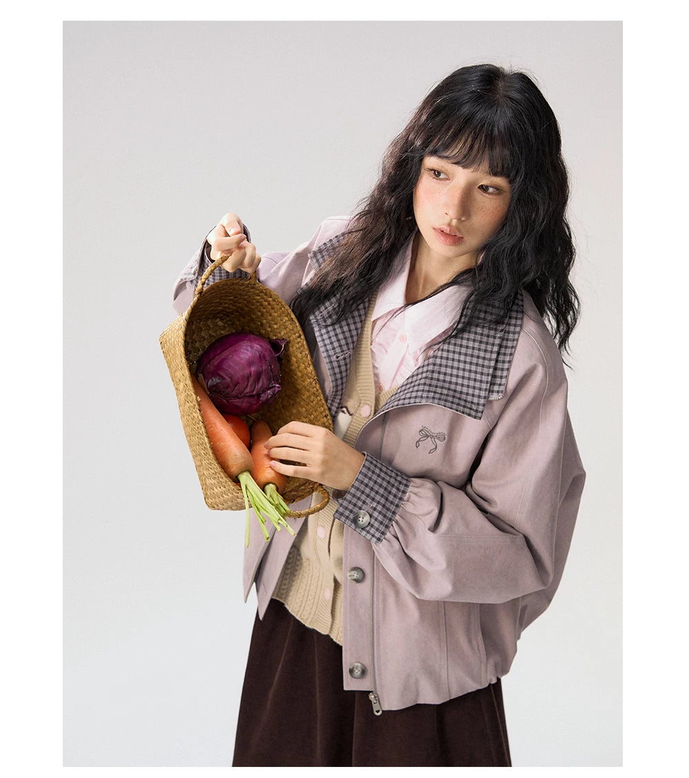 [CAN] "Lavender Plaid Notes" Dusty Purple Plaid Double Collar Cropped Jacket