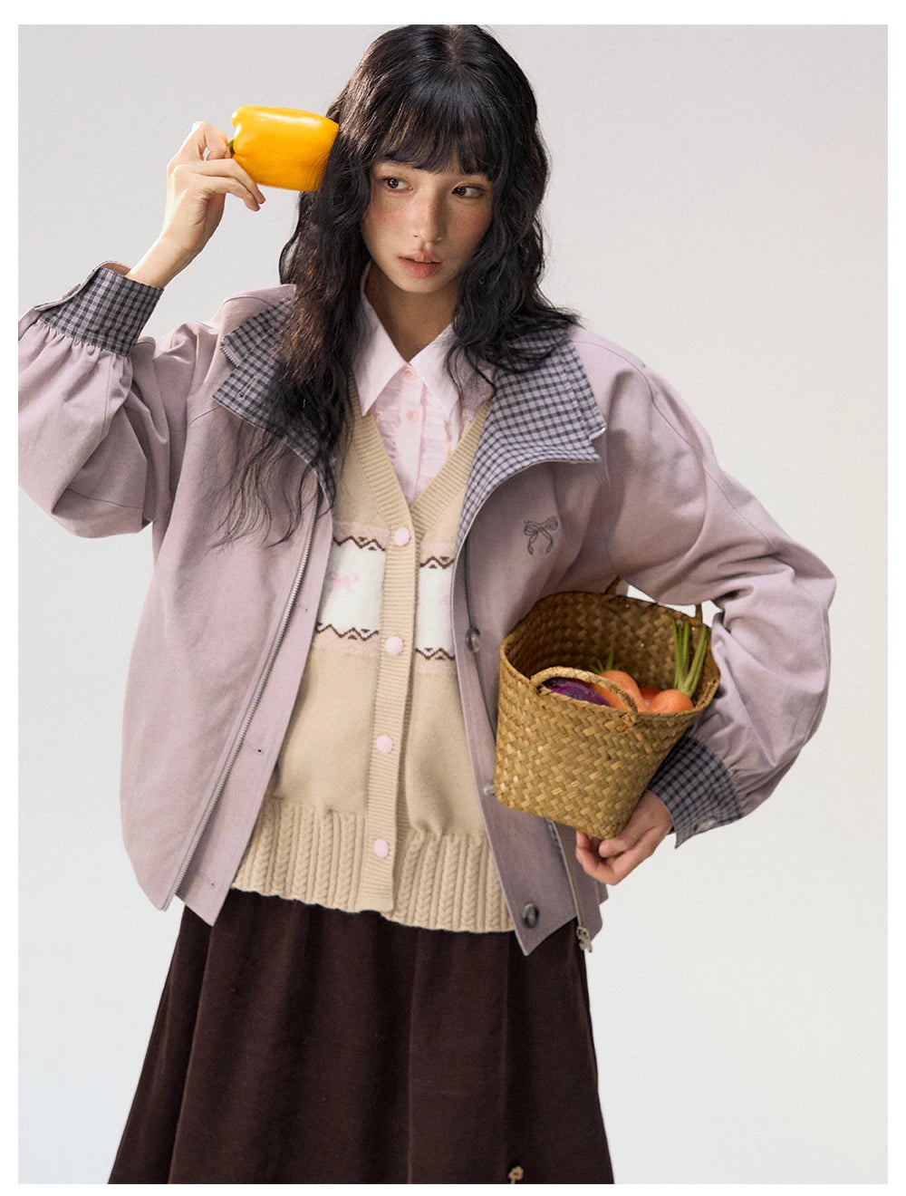 [CAN] "Lavender Plaid Notes" Dusty Purple Plaid Double Collar Cropped Jacket