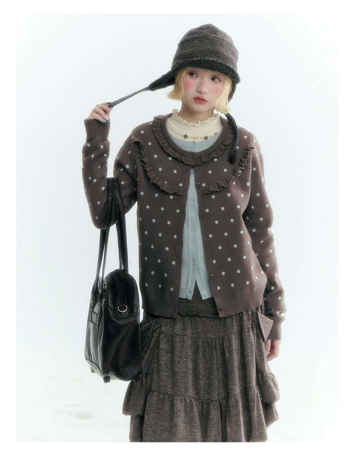 Dark Taupe Brown Polka Dot Layered Knit Sweater