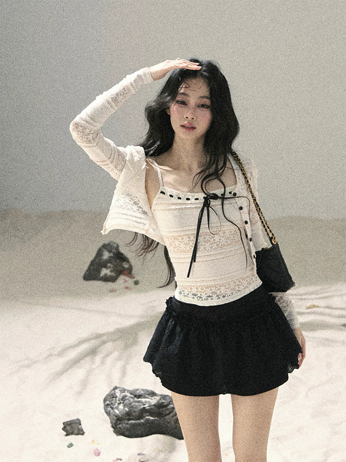 "Summer Shimmer Reverie" Creamy Oat White Lace Cutout Cardigan & Camisole Set 5864536513