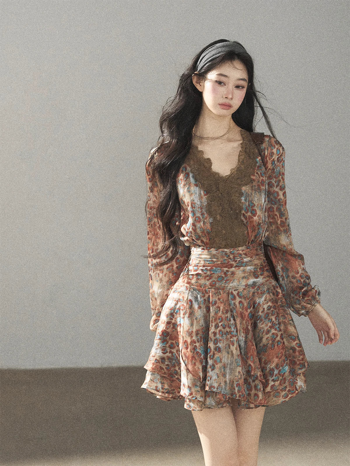 AOMALM - “Whispers of Withered Branches” Rich Cocoa French Lace Chiffon Mini Dress with Tights