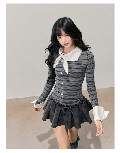 少也眼 “The Unsent Mailbox” Faux-Layered Stripe Long-Sleeve Top 26484