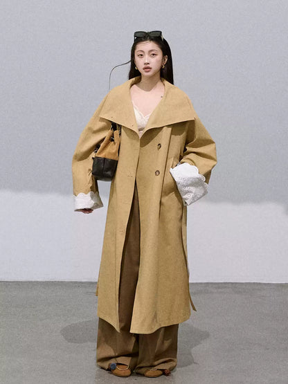 OAKMOO - "Grass Whisper" Oversized Long Trench Coat – Amber Khaki 25Q412