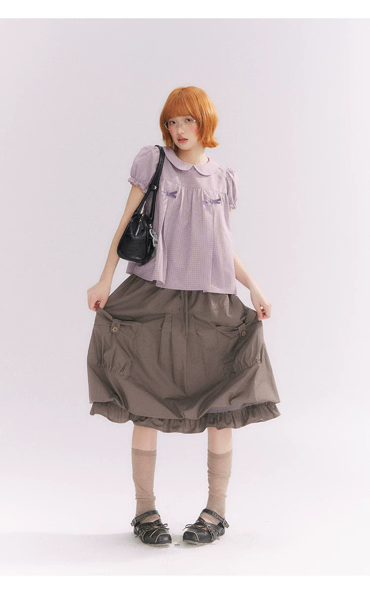 “Taro Milk Candy” Purple Plaid Bow Peter Pan Collar Puff Sleeve Blouse