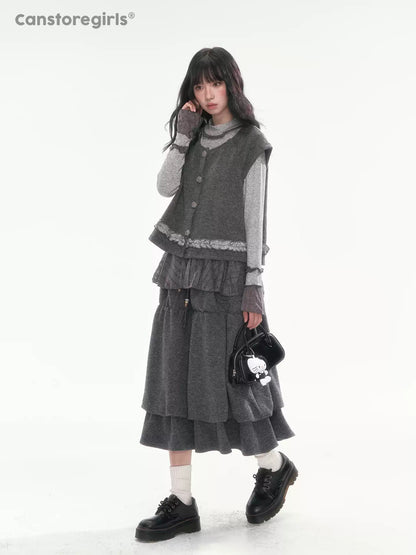 [CAN] Dark Gray Tiered Wool-Blend Midi Skirt