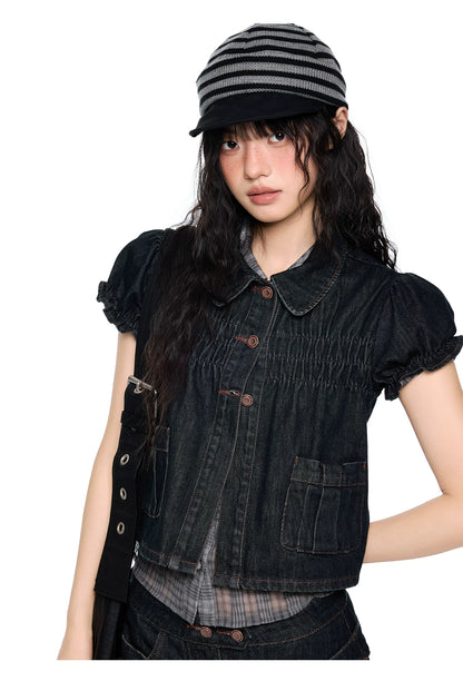 Vintage Peter Pan Collar Puff Sleeve Denim Set