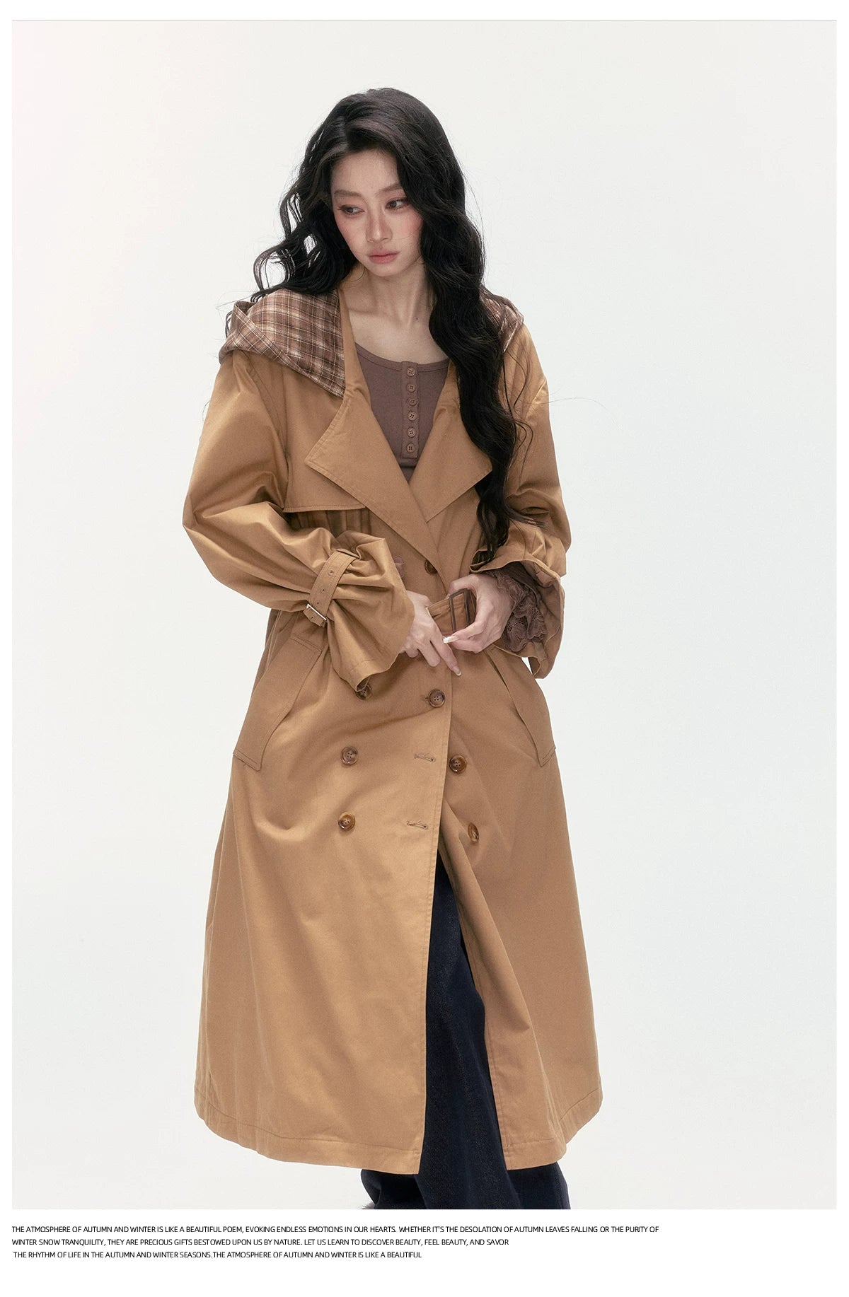 24olvides - Brown Long Padded Trench Coat with Plaid Hood