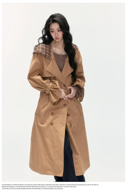 24olvides - Brown Long Padded Trench Coat with Plaid Hood