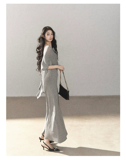 AOMALM - French-Inspired Two-Piece Maxi Dress Set with Layered Cape Overlay