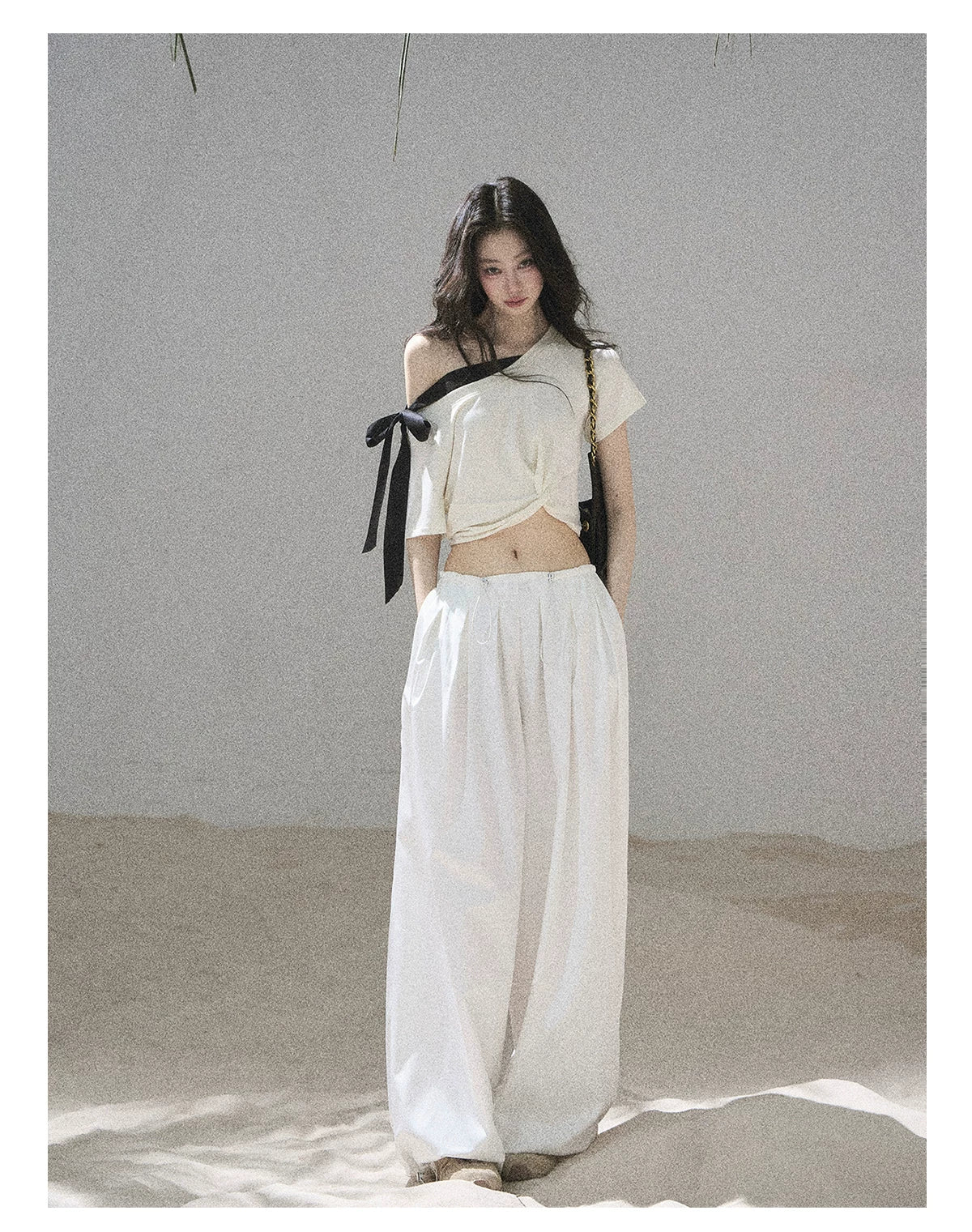 "Moonlight Upon Her" Creamy Apricot Off-Shoulder Twist Cropped T-Shirt