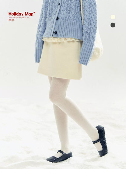 "Morning Mist" A-Line Wool-Blend Mini Skirt (Mist Gray/ Cream Beige)