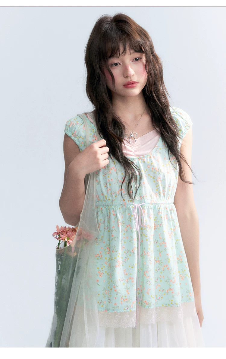 "Mint Blossom" Mint Green Floral Layered Floral Babydoll Top