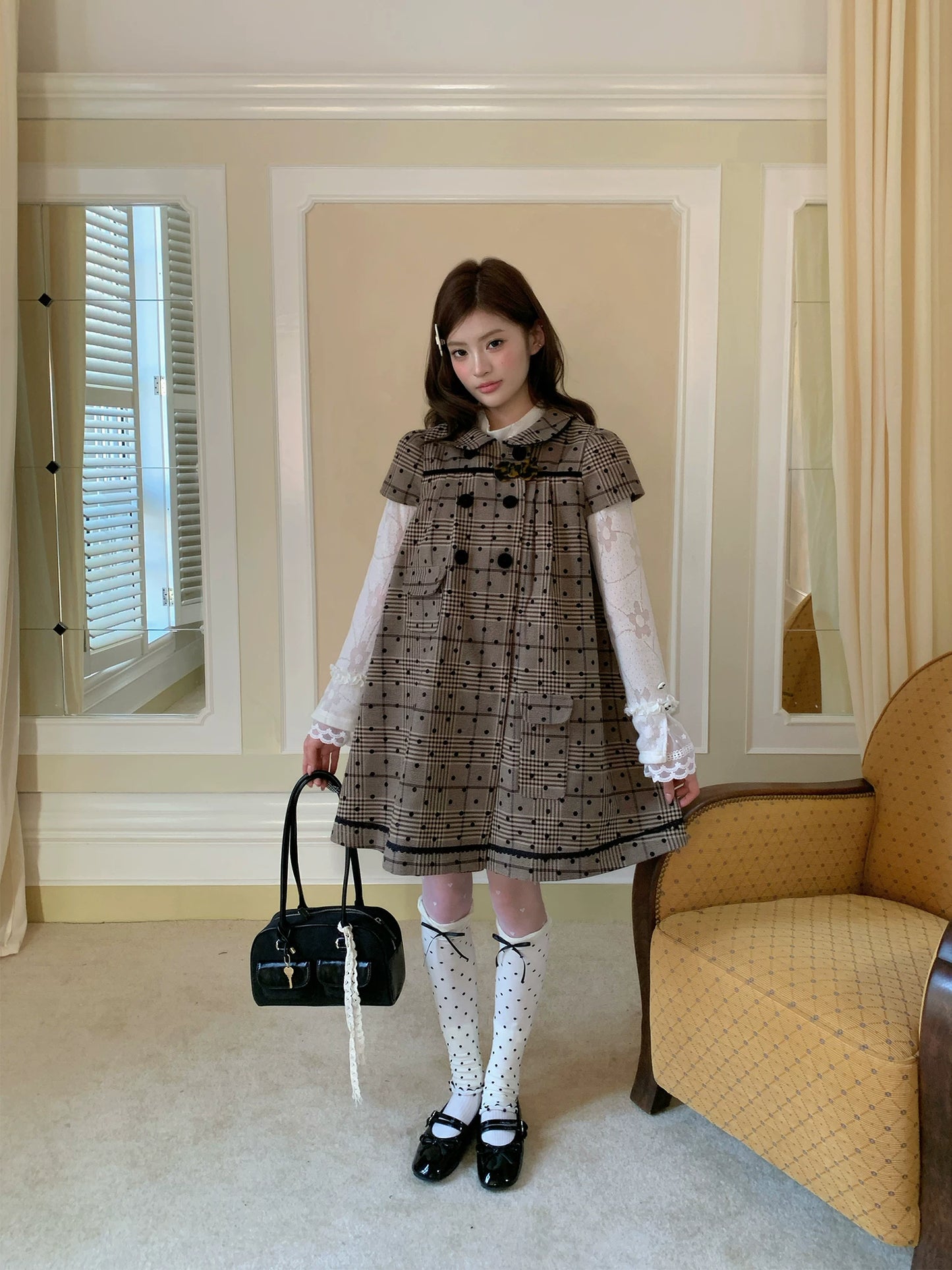 “Hazel Rococo Reverie” Khaki Plaid Polka Dot Dress