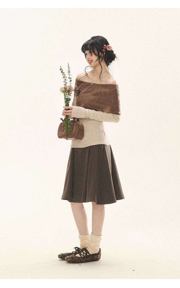 "Vintage Contrast" Brown Apricot Off-Shoulder Floral Knit Top